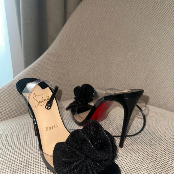 Christian Louboutin Black Patent Clear-Strap Bow Stilettos with Red Sole - Picture 2 of 4